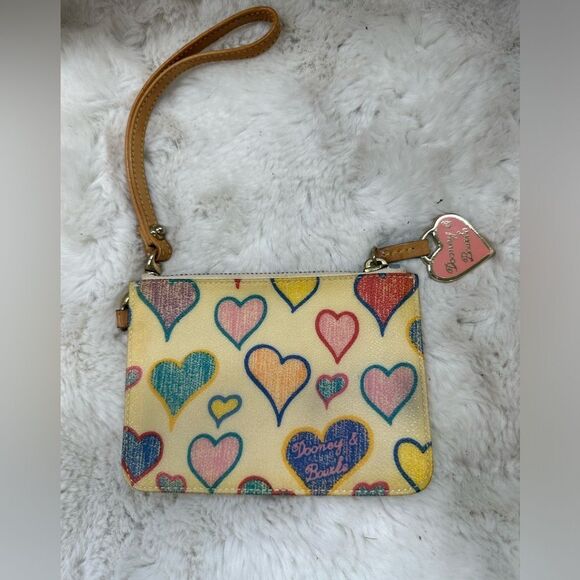 Dooney & Bourke Yellow With Colored Heart Print Key Holder Wristlet - Picture 1 of 8